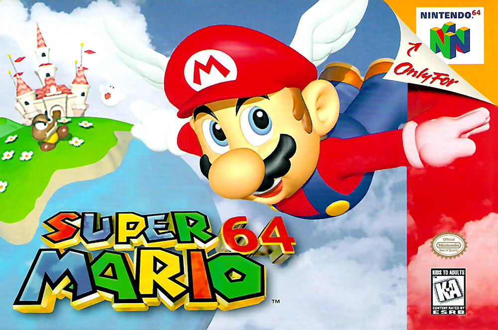 Box art for the game Super Mario 64, with Mario wearing a cap with wings and flying way above the ground, next to him being a birds-eye view of a castle with a small enemy standing in the middle of the field.